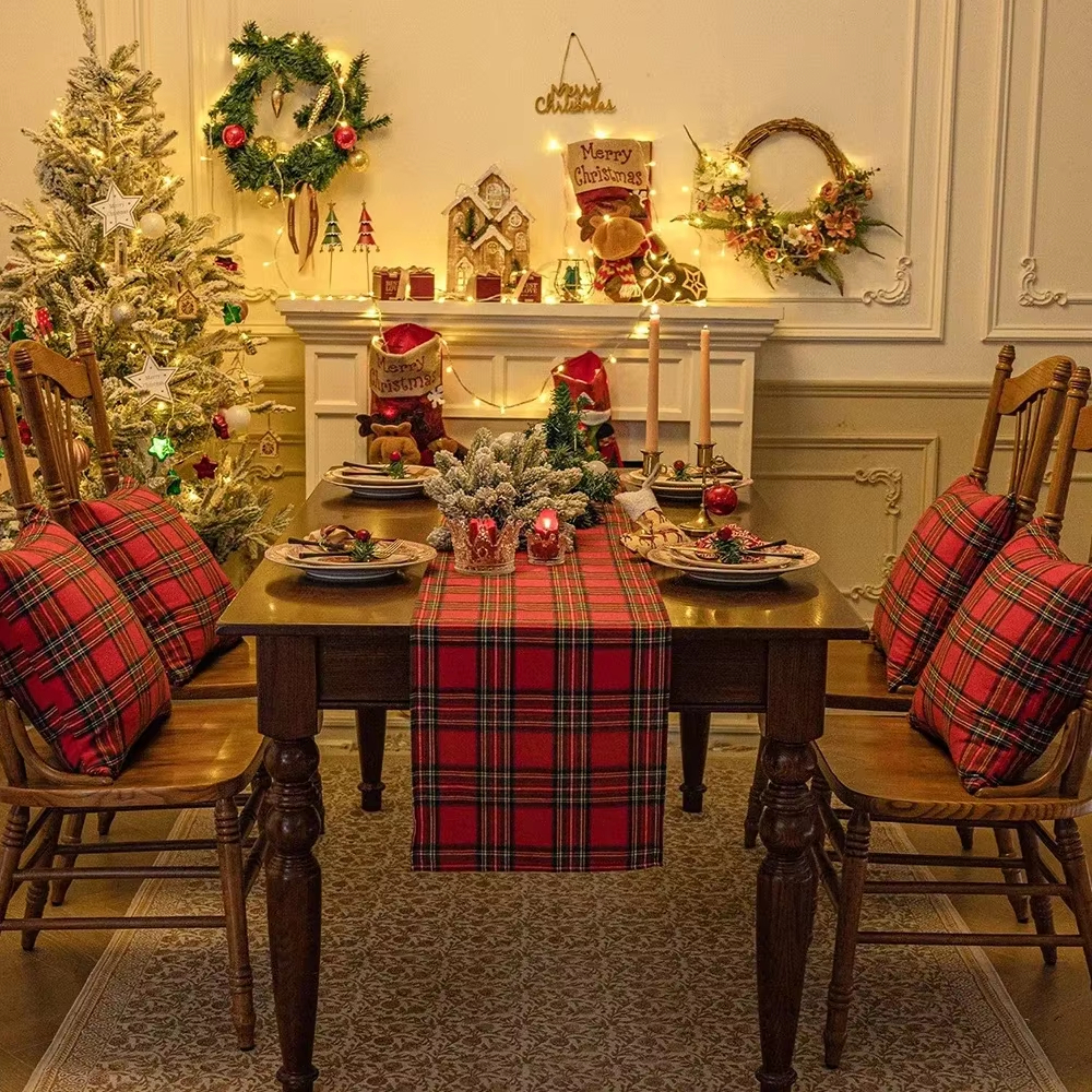 Christmas Table Runner - Table Runner Red Plaid Linen -
