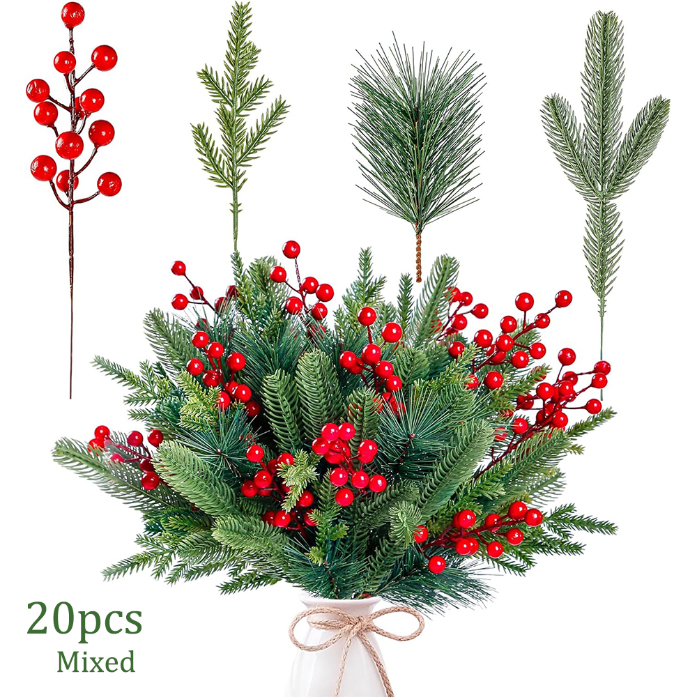 Christmas Wreath Fake - Artificial Pine Branches Fake Greenery Red