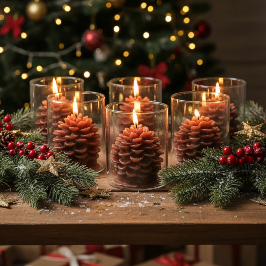 6 Sets Pine Cone Candles Flamm - Holiday Candle Set avaliação e preço