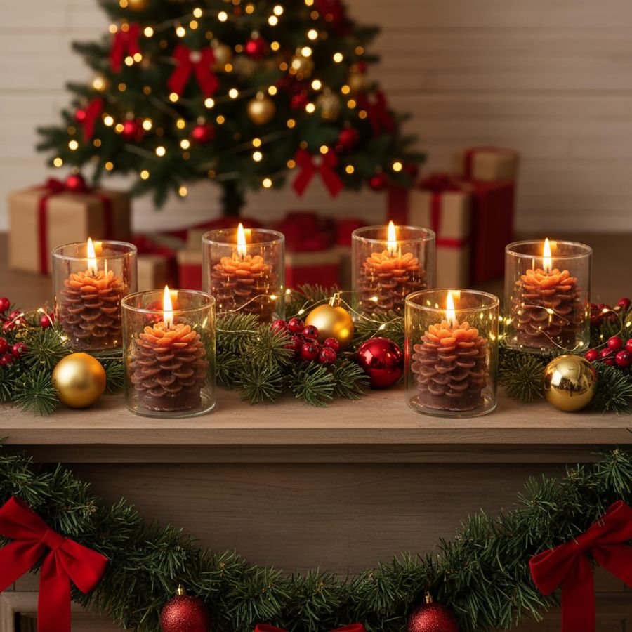 6 Sets Pine Cone Candles Flamm - Holiday Candle Set avaliação e preço