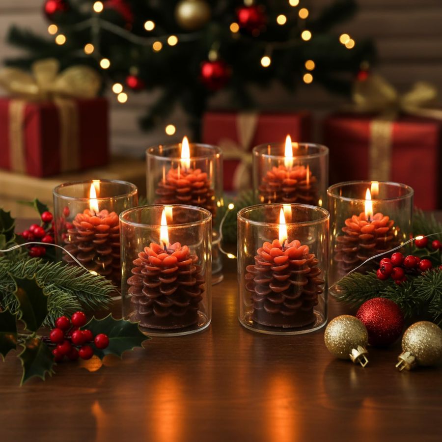6 Sets Pine Cone Candles Flamm - Holiday Candle Set avaliação e preço
